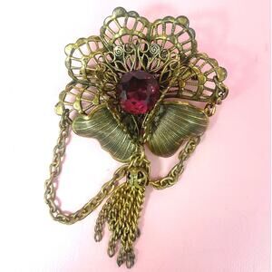 Vintage Art Deco Brooch – Czech Velvet Glass Stone – Filigree Germany Style